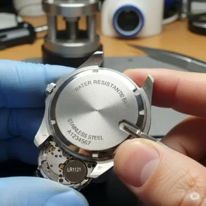 An image showing the watch case back being carefully pressed back into place after completing the replacement for watch battery lr1121.