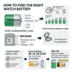 An infographic detailing how to choose the right battery for a watch battery replacement sr920sw, highlighting the SR920SW model.