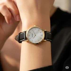 A woman's wrist wearing a Kate Spade watch with a brand new, perfectly fitted replacement band, a successful kate spade watch band replacement.