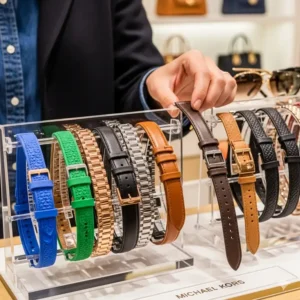 An appealing image of a customer choosing a new Michael Kors watch strap replacement from a display featuring various materials like silicone, metal, and leather.