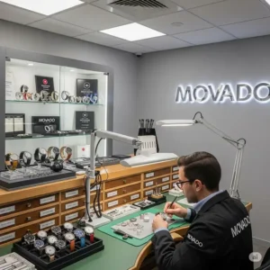 An interior shot of an authorized Movado service center, showing a clean and organized workspace for movado watch battery replacement price.