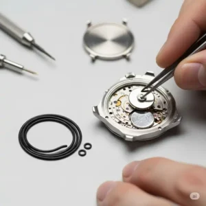 An image showing a watch battery being replaced alongside a new waterproof gasket or seal, which is an additional service that can affect the **price for watch battery replacement**.