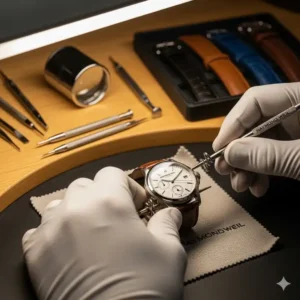 A professional jeweler carefully performing a Raymond Weil watch strap replacement on a Raymond Weil watch in a clean, well-lit workshop, emphasizing the benefits of professional service.