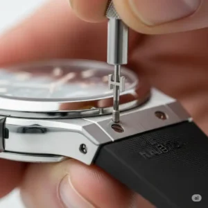 A macro shot of the final step of the replacement process, showing a person tightening the H-shaped screw to securely fasten the new Hublot watch bands replacement.