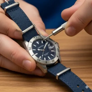 Securing the new watch strap by inserting the spring bar pin into the lug hole on the Nautica watch strap replacement.