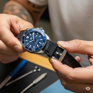 A user is pictured fitting a new black rubber strap for tag heuer watch band replacement onto a Tag Heuer Aquaracer model, showcasing the process specifically for a sport watch.