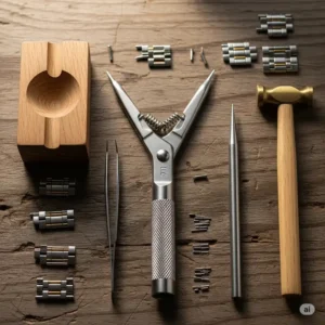 A collection of essential tools needed for a DIY watch band pin replacement, including a spring bar tool and a pin punch.