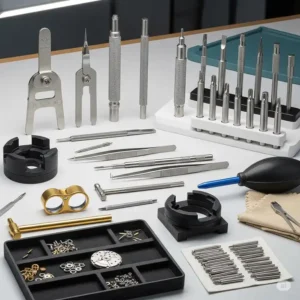 A photograph of the specialized tools used by professionals for a safe and effective watch battery replacement. The use of these tools is a factor in the overall watch battery replacement cost.