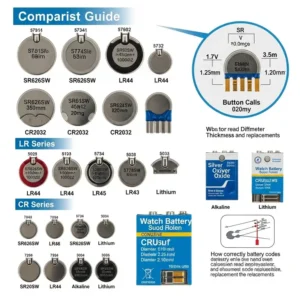 A guide showing different types and sizes of watch batteries to ensure you select the correct replacement.
