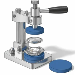 A watch case press tool, a crucial item among the watch battery replacement tools, is used to close a snap-back case.