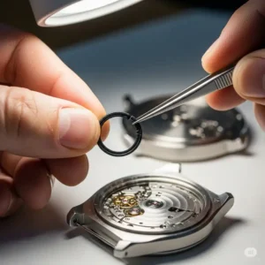 Inspecting the rubber gasket or seal for damage before closing the watch, an essential part of a battery watch replacement kit.