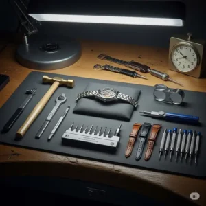 A watch repair workbench with a full set of watch band replacement tools, including a hammer, link remover, and spring bar tool.
