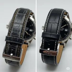 A "before and after" comparison showing a scuffed, old tag heuer watch band replacement next to the same watch fitted with a pristine, new band, highlighting the transformative effect of the replacement.