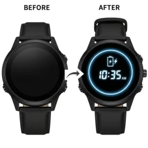 A before-and-after graphic illustrating the successful outcome of a watch battery replacement, restoring the timepiece to working condition, which is the result of paying for the watch battery replacement cost.