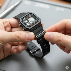 The final step of a casio watch strap replacement: checking the fit and security of the new strap.