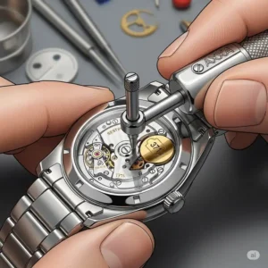 An illustration showing the final step of closing and securing the watch case back after a successful watch battery 371 replacement.