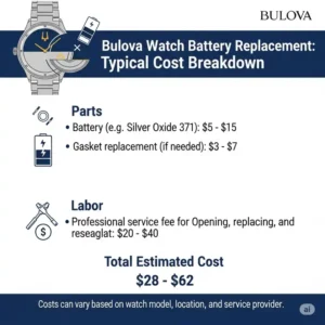 An infographic breaking down the typical total Bulova watch battery replacement cost, detailing the separate charges for labor and parts.