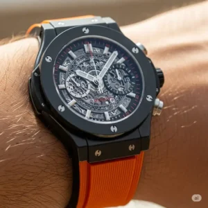 A final, high-quality photograph of the Hublot watch on a wrist, featuring the newly installed Hublot watch bands replacement, showcasing the watch's refreshed appearance.