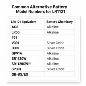 A helpful chart listing common alternative battery model numbers, like AG8, for the LR1121 watch battery, and its use as a replacement for watch battery lr1121.