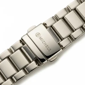 An image highlighting a metal bracelet Michele watch band replacement, emphasizing its polished finish and secure clasp.