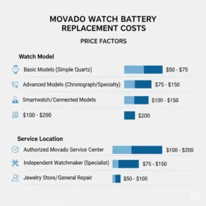 A simple chart or graphic displaying a range of costs associated with a Movado watch battery replacement price, breaking down price factors like watch model and service location.