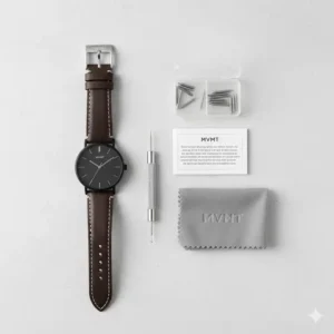 A complete kit for an mvmt watch strap replacement, including a new band, spring bar tool, and extra spring bars.