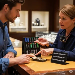 A customer speaking with a jeweler at a service counter, discussing the different **price for watch battery replacement** options.