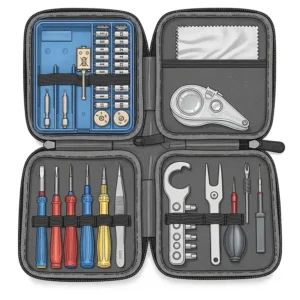A complete set of professional watch battery replacement tools neatly organized in a storage case.