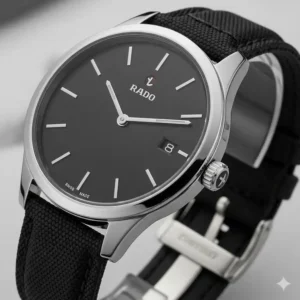 A close-up view of a Rado watch with a newly completed rado watch band replacement.
