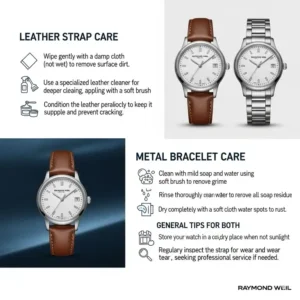 A visual guide with easy-to-follow tips for cleaning and maintaining a Raymond Weil watch strap to extend its life and prevent the need for frequent Raymond Weil watch strap replacement.