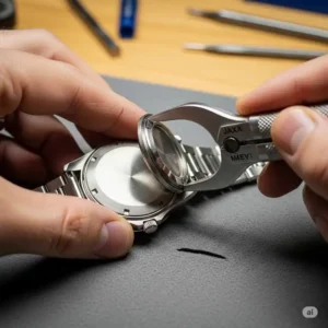 An image showing the process of a watch back being opened with a case opener to begin the battery replacement. tools for watch battery replacement