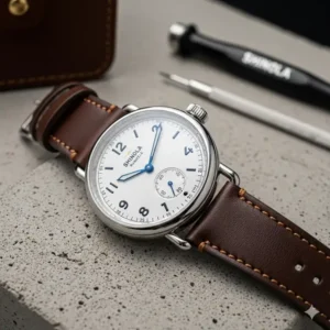 A final image of a Shinola watch with a freshly completed Shinola watch strap replacement, ready to be worn.