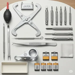 A detailed illustration of all the tools included in a battery watch replacement kit, such as a case opener, tweezers, and a magnifier.