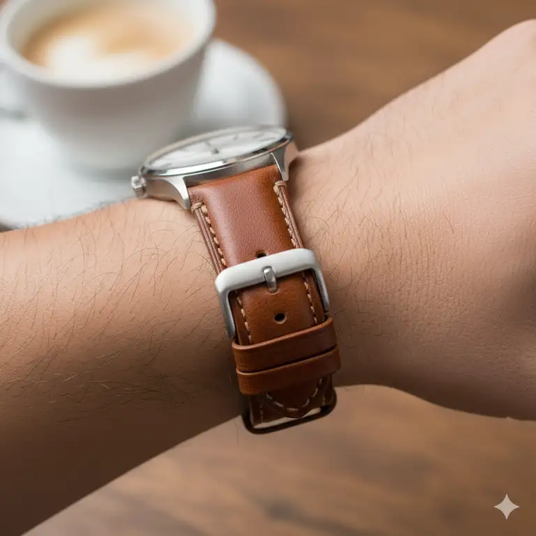 A man's wrist with a classic brown watch featuring affordable leather watch straps.