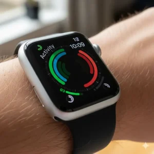 Apple Watch Series 3, model MTF32LL/A, with a black sports band and aluminum case, shown on a wrist.