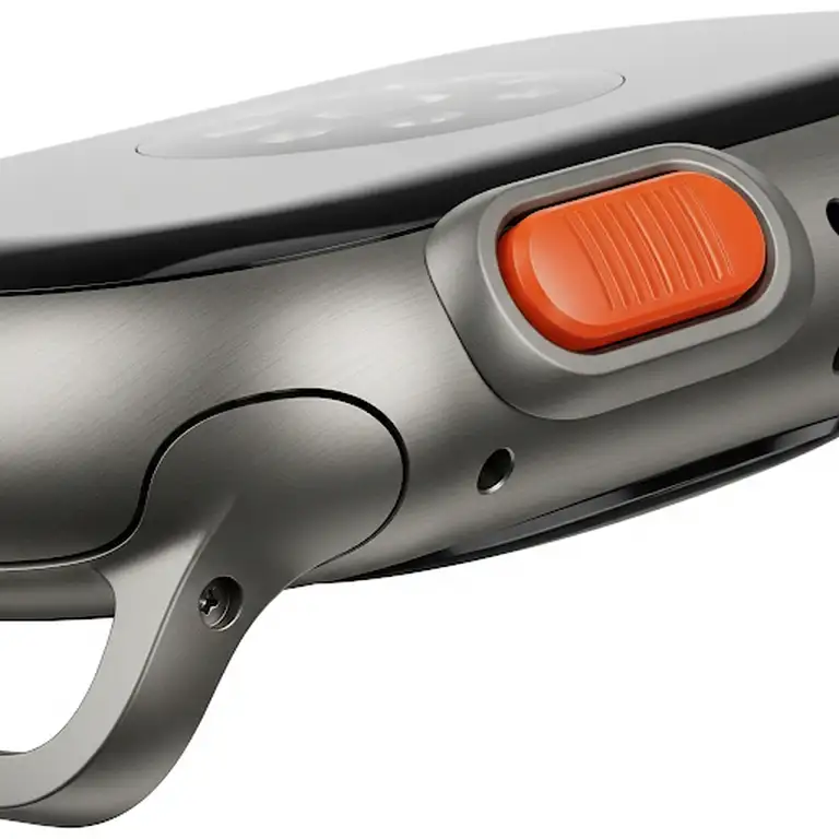 A close-up, high-resolution shot of the new Apple Watch Ultra casing, highlighting its durable titanium finish and distinctive Action Button. This image showcases the robust design and premium materials of the watch.