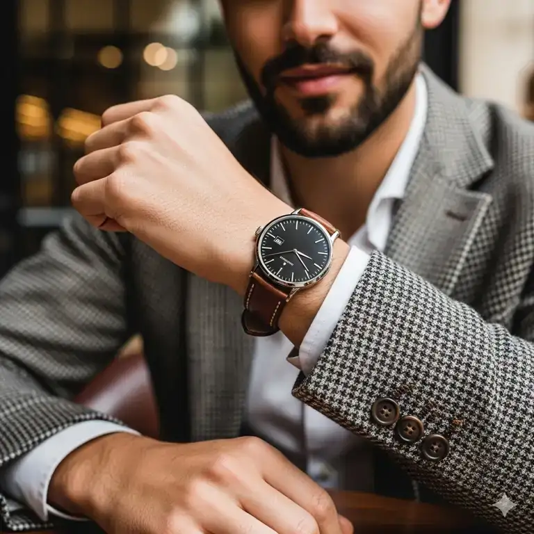 A person is wearing a stylish watch with the best watch strap in brown leather, perfectly complementing their outfit.