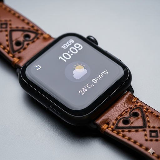 A close-up shot of a stylish black apple watch with leather strap, positioned elegantly on a minimalist gray background.Black Apple Watch Leather Strap
