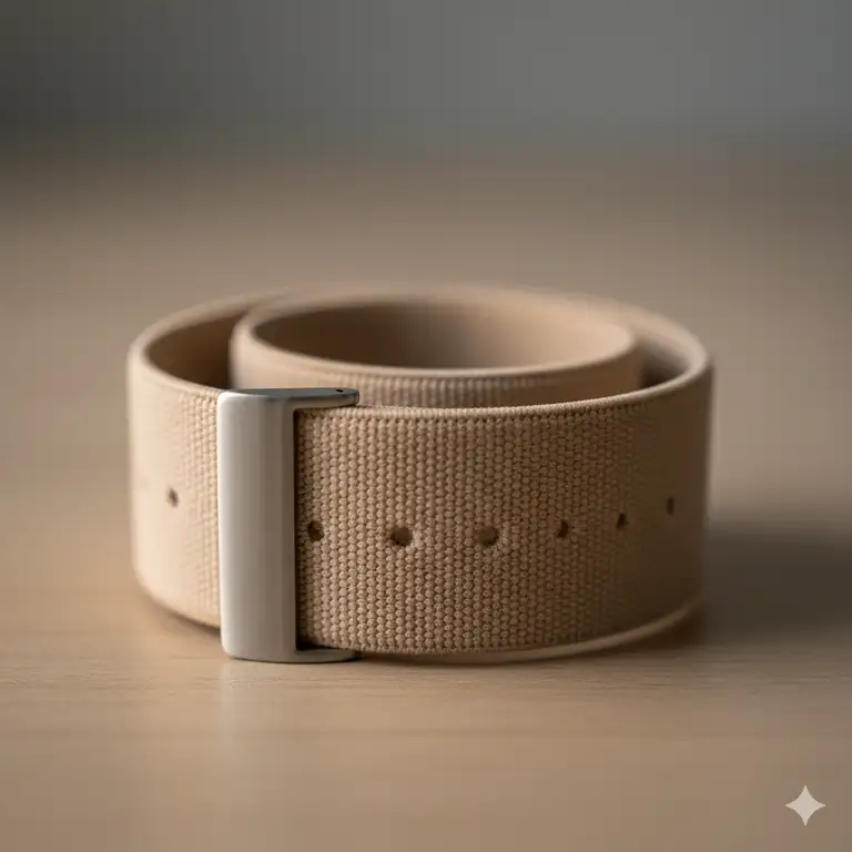 A close-up shot of a comfortable and stretchy elastic watch strap in a neutral color, perfect for all-day wear.