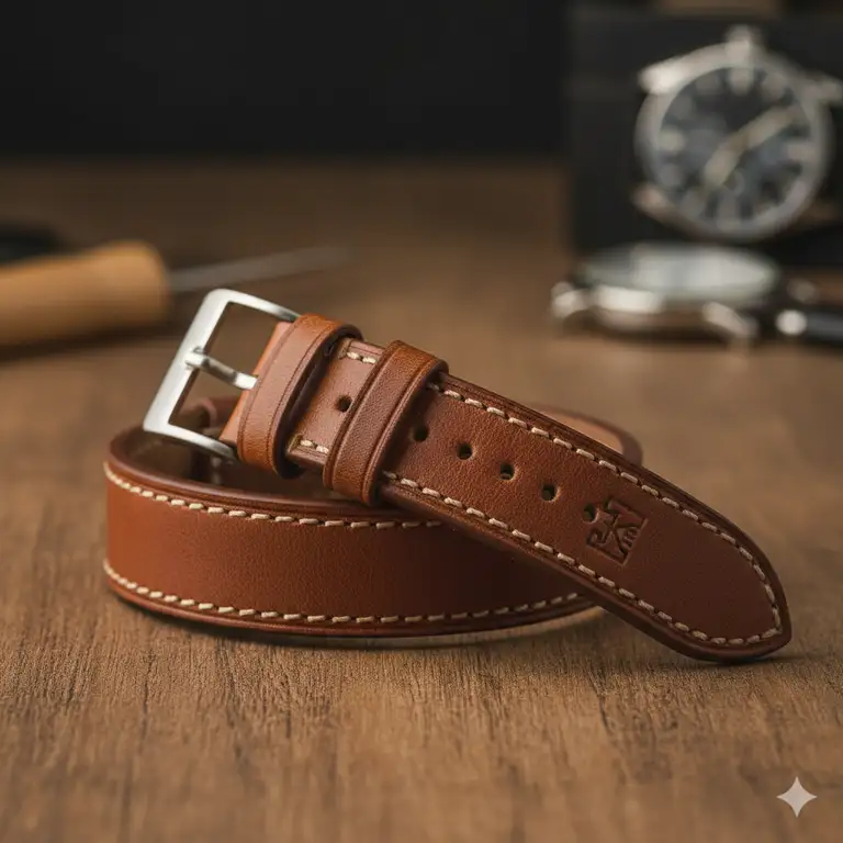 A close-up shot of a stylish leather long watch bands, showcasing its extended length and fine craftsmanship.