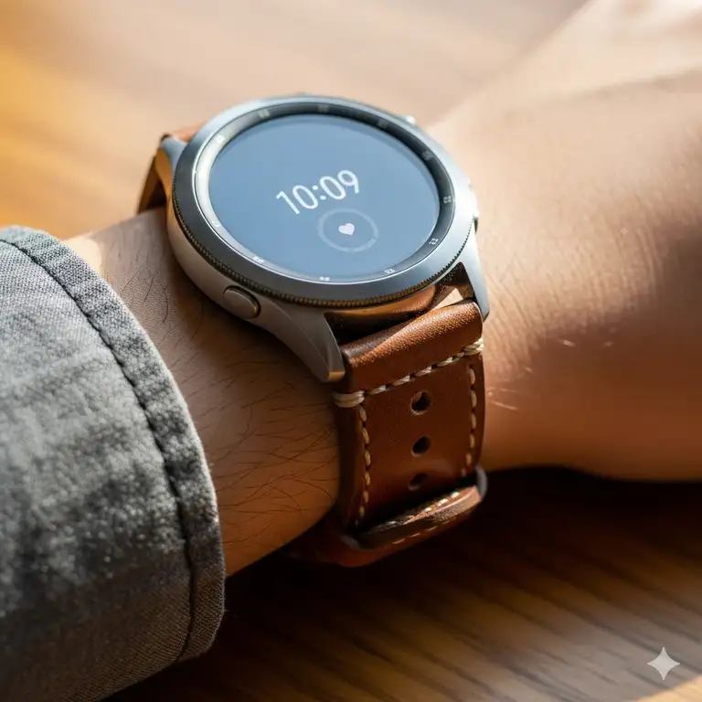 A close-up of a wrist wearing the Samsung Galaxy Watch 3 45mm, showcasing a sleek black leather galaxy watch 3 45mm bands.
