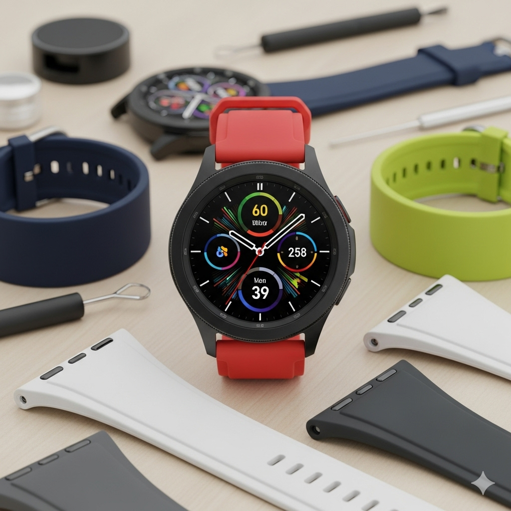 A close-up shot of a black Samsung Galaxy Watch 5 44mm with a vibrant red silicone band, showcasing the watch face and a variety of interchangeable galaxy watch 5 bands 44mm scattered around it.