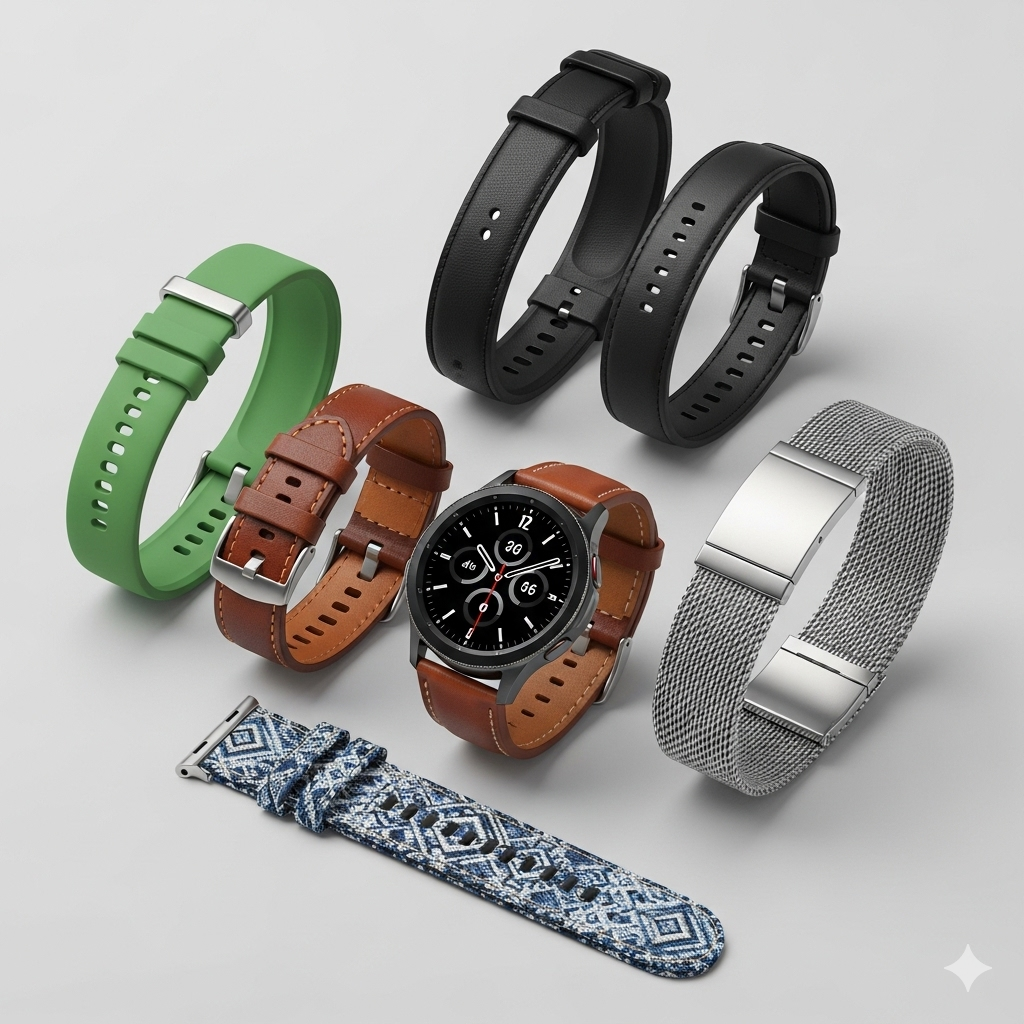 A collection of official Samsung galaxy watch 6 44mm bands, including the D-Buckle Hybrid Leather Band and the Sport Band, arranged neatly on a wooden surface.