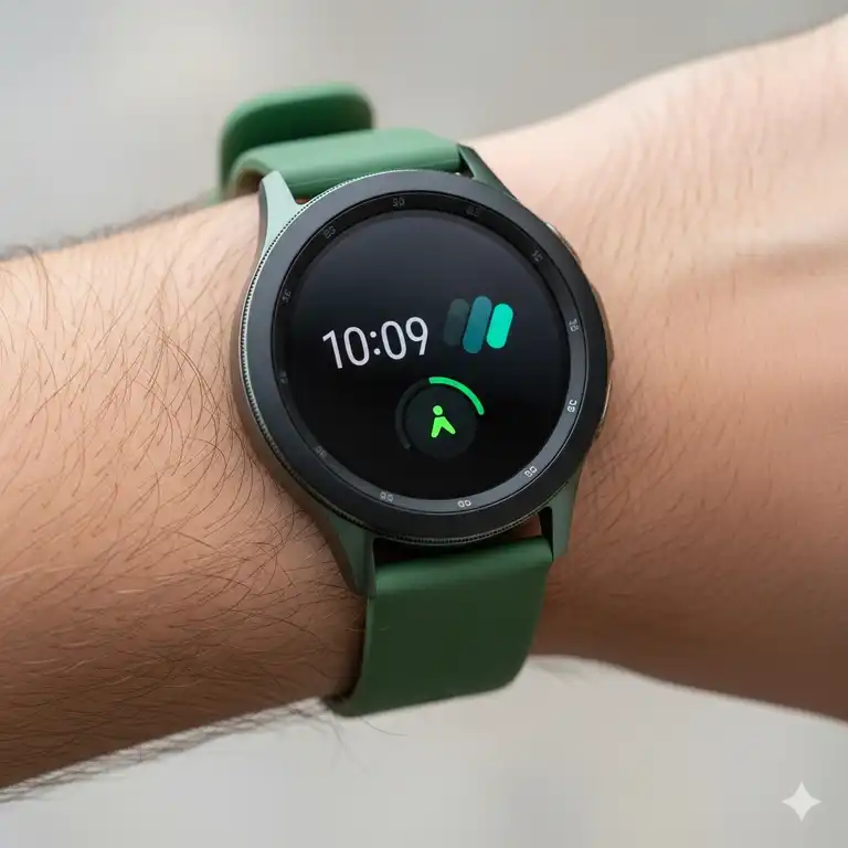 A close-up view of the Samsung Galaxy Watch 7 44mm band with a stylish green sport band on a model's wrist.