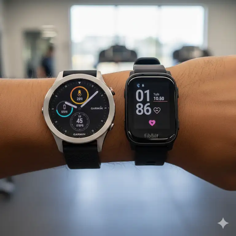 Side-by-side comparison of Garmin Vivoactive 5 vs Fitbit Charge 6 smartwatches on a wrist, highlighting design and display differences.