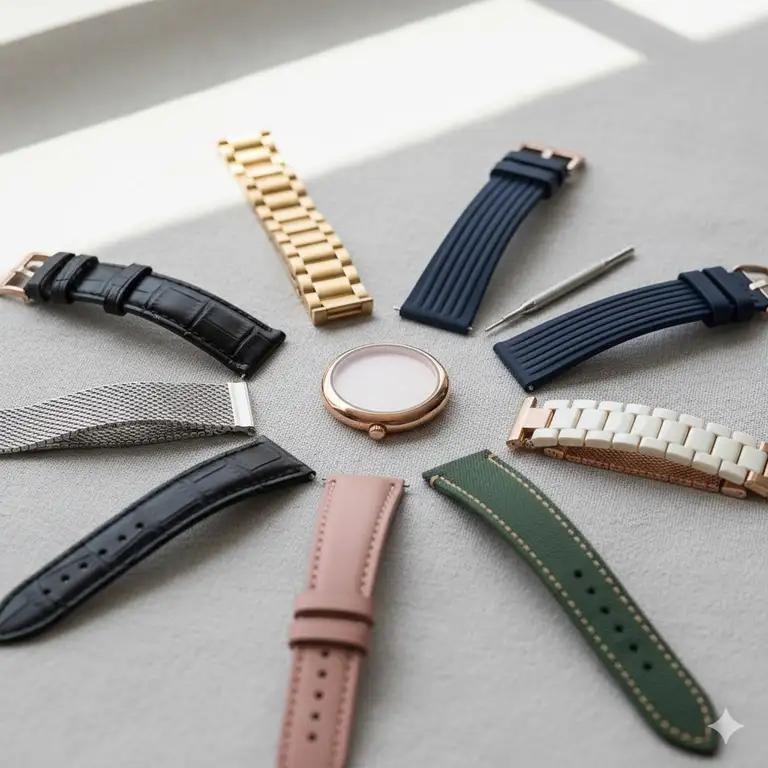 Elegant assortment of ladies watch straps replacement, showcasing various styles and materials for easy customization.