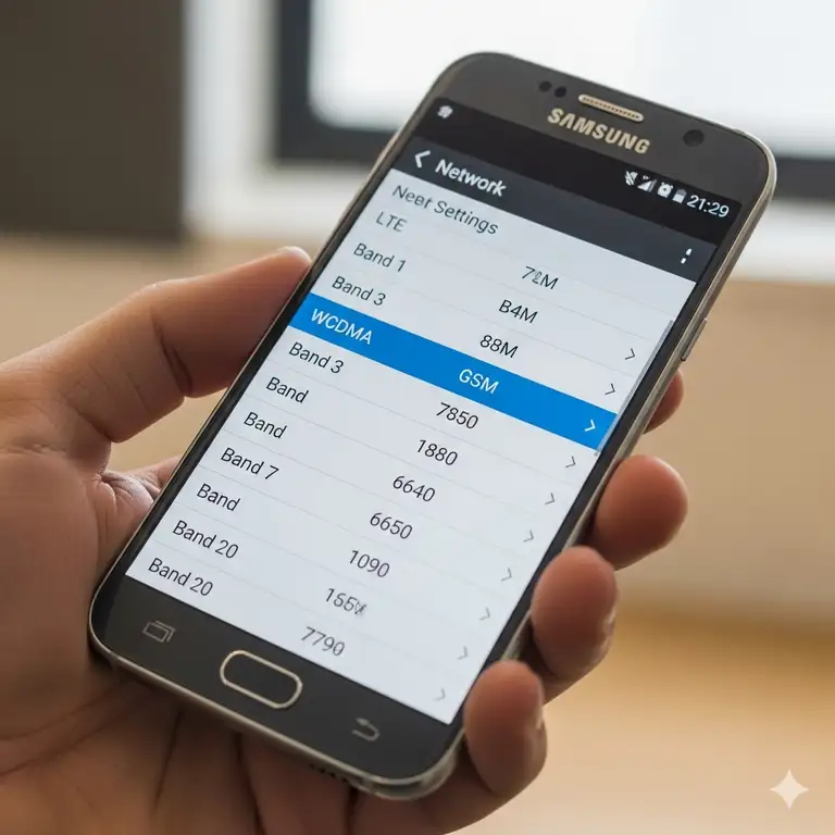 A close-up shot of the Samsung Galaxy S6 bands showcasing its sleek design and the available network bands.