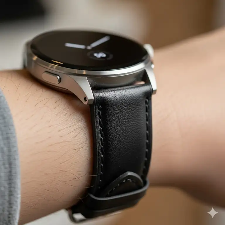 A close-up shot of a stylish black leather smartwatch watch strap attached to a modern smartwatch. The strap is visible on a wrist, highlighting its texture and design.