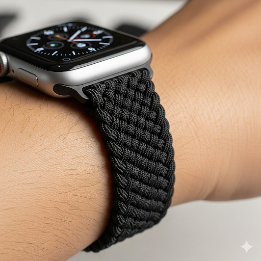A sleek, black braided Solo Loop stretch watch band for Apple Watch, shown on a wrist.