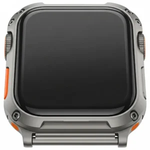 Front view of the Apple Watch Ultra casing, illustrating the bezel's design, the sapphire crystal display, and the reinforced edges built for rugged use.